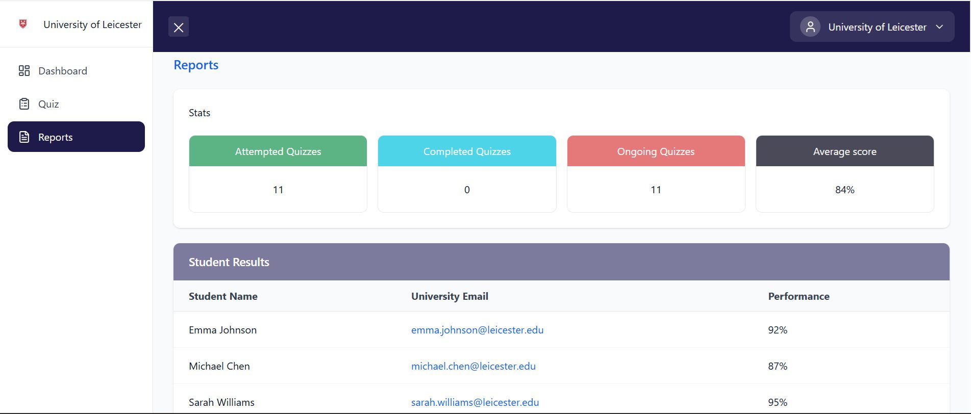 University dashboard